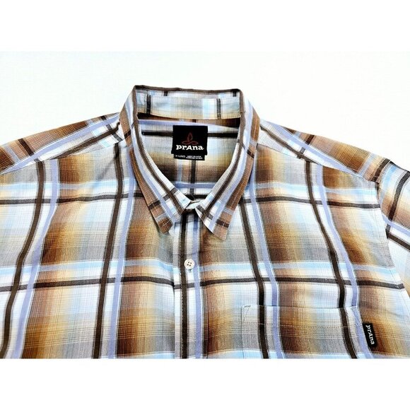 Prana Sz XL Mens Brown Gray Camel Blue Check Short Sleeve Neck Pocket Logo Shirt - Picture 13 of 13